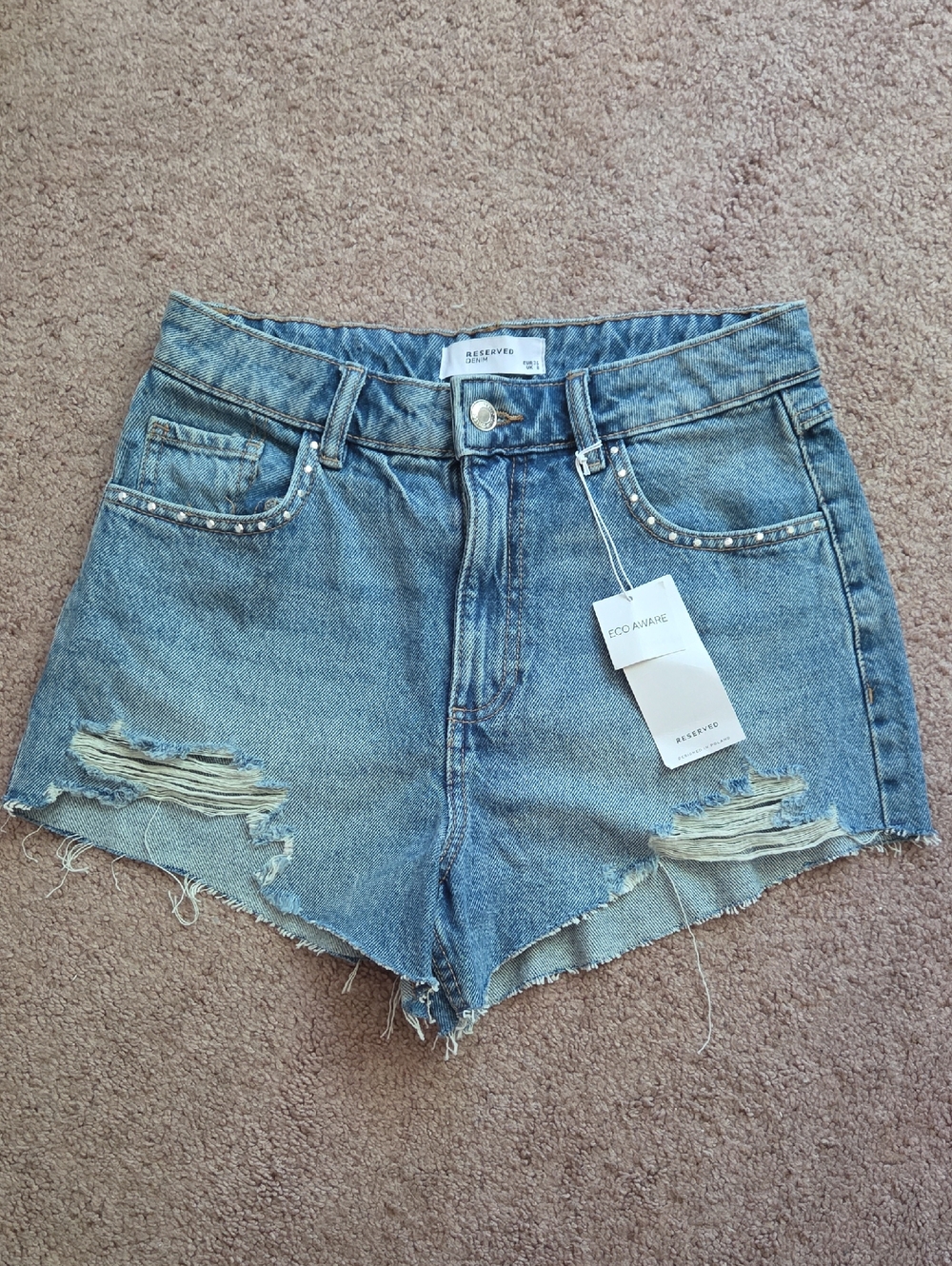 *NWT* Reserved Light Blue Distressed Denim cut-off Shorts with Studded Pockets